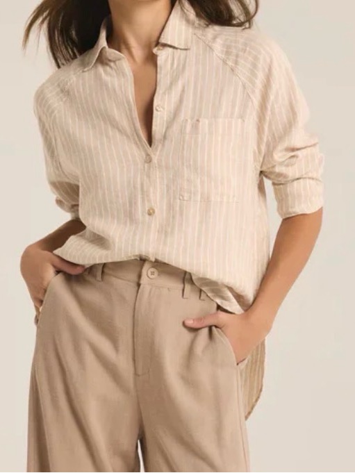 Z Supply Beige With White Pinstriped Linen Rayon Button Up Blouse Medium
